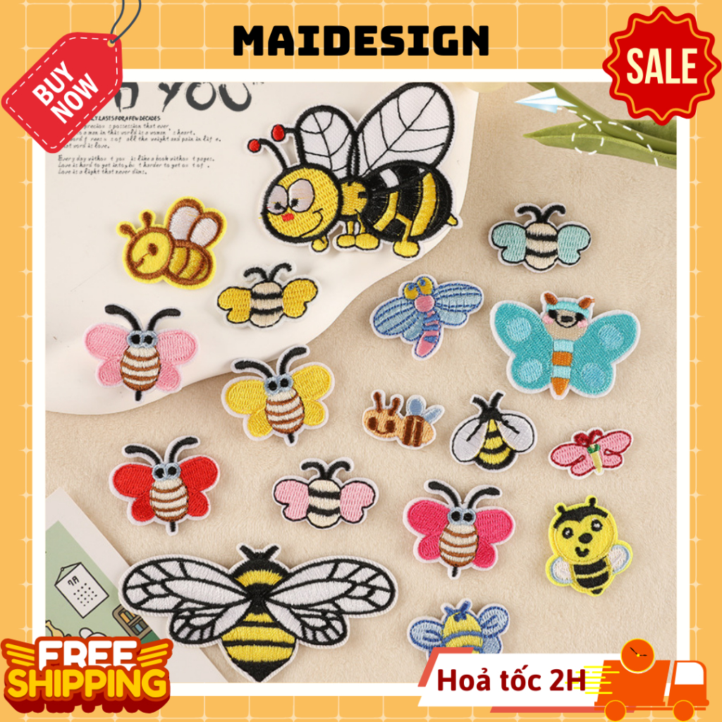 Patch ủi quần áo hình thêu vải dán balo túi mũ giày dép Hình Con Ong, Chuồn Chuồn, Bướm Nhỏ Butterfl