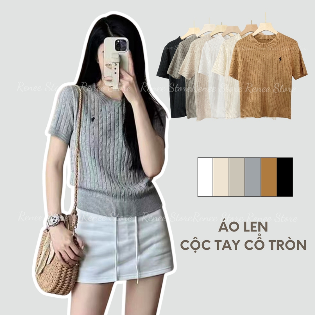 Áo len cộc tay cổ tròn thêu ngựa, áo len nữ ngắn tay hoạ tiết xoắn thừng - A9128
