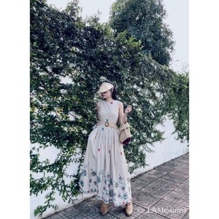 Đầm váy maxi phồng xoè cổ điển tôn dáng Linen thêu hoa