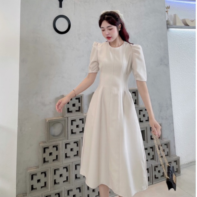 ĐẦM MIDI CỔ TRÒN TAY BỒNG XẾP LY EO túi hông 2 bên
