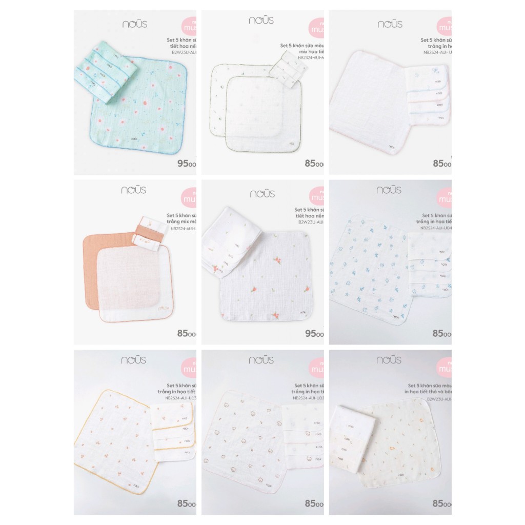 Phụ kiện cho bé - Set 05 chiếc khăn sữa Nous - chất liệu Nu Bamboo, nu Muslin kháng khuẩn