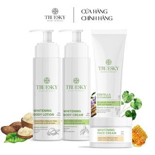 Bộ Truesky VIP04 gồm 1 gel rửa mặt 50g + 1 kem dưỡng trắng da mặt 20g + 1 kem ủ trắng 100g + 1 kem dưỡng trắng 100g