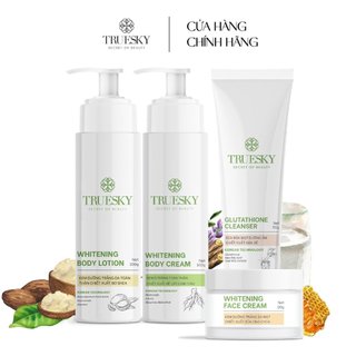 Bộ Truesky VIP03 gồm 1 sữa rửa mặt 50g + 1 kem dưỡng trắng da mặt 20g + 1 kem ủ trắng 100g + 1 kem dưỡng trắng 100g
