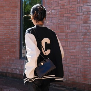 Áo khoác varsity nam nữ bomber tay da Jacket thêu đắp dạ chữ C cặp đôi nam nữ KUNSHOP UNISEX