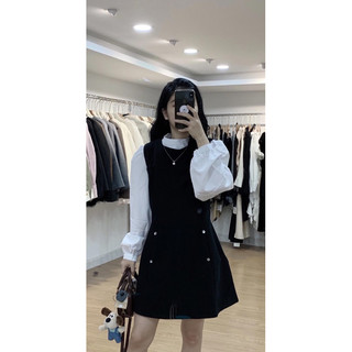 Set Váy Sơ Mi Tay Bồng Màu Đen Basic Hàn Quốc