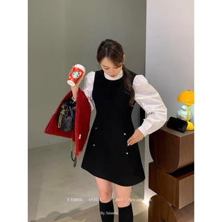 Set Váy Sơ Mi Tay Bồng Màu Đen Basic Hàn Quốc