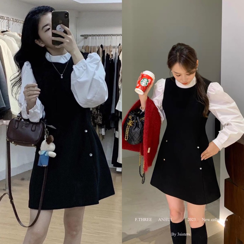 Set Váy Sơ Mi Tay Bồng Màu Đen Basic Hàn Quốc