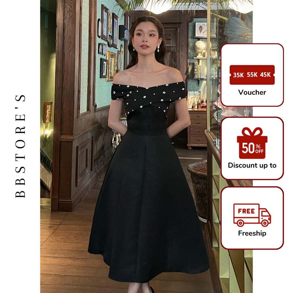 Đầm Xòe Trễ Vai Dự Tiệc Đắp Vạt Kết Đá Sang Trọng BBSTORE'S -D2400