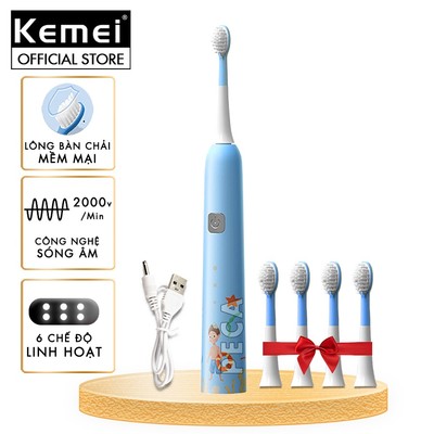 Bàn chải đánh răng điện trẻ em KEMEI KM-YS710 công nghệ rung siêu âm Tặng kèm 4 đầu bàn chải thay thế
