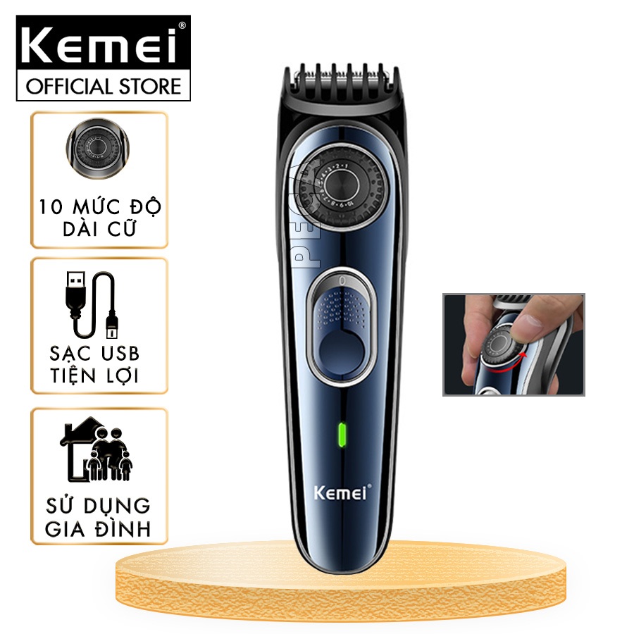 Tông đơ cắt tóc gia đình Kemei KM-1256 cữ lược điều chỉnh 10 mức độ dài cắt sạc USB- Hàng chính hãng