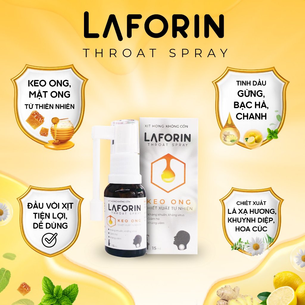 Xịt họng keo ong Laforin - Giúp giảm nhanh đau họng, ngứa rát họng - Chai 15ml