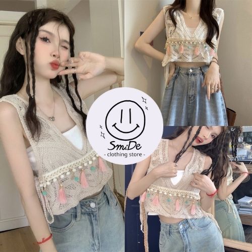 Áo Ren Sát Nách Đan Móc Dệt Kim Croptop Nữ Đính Bông Lông Cổ Xẻ V Phong Cách Boho Xinh Xắn | Smide Clothing | BigBuy360 - bigbuy360.vn