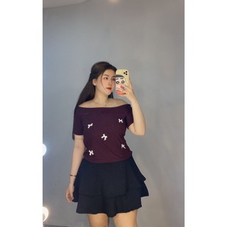 Áo trễ vai đính 5 nơ tay ngắn nữ bigsize