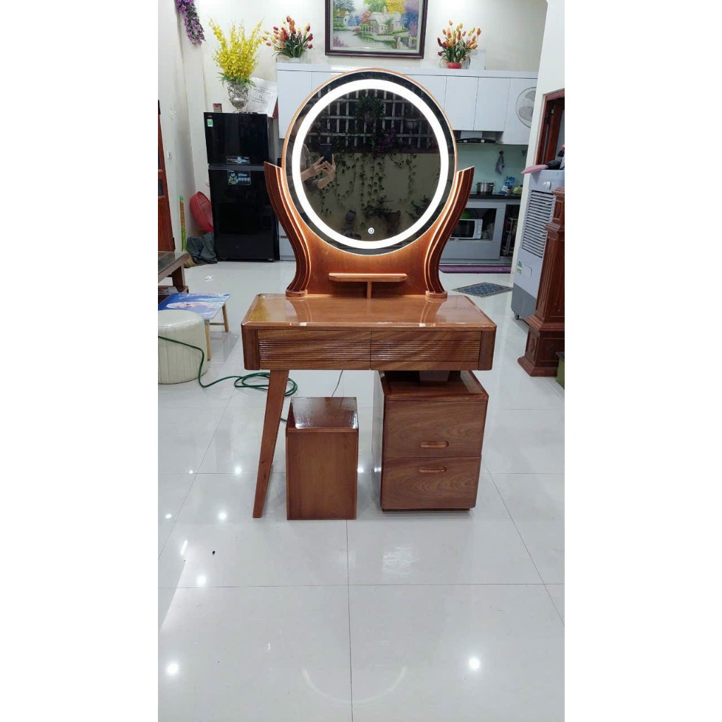 Bàn trang điểm gỗ xoan đào dài 80cm kèm ghế, bàn trang điểm đèn led tùy mẫu