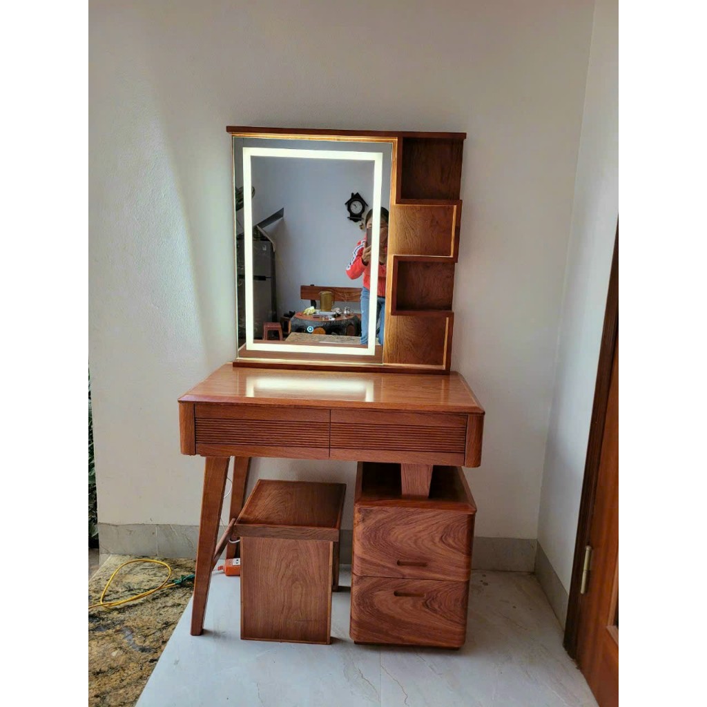 Bàn trang điểm gỗ hương đá dài 80cm kèm ghế, bàn trang điểm đèn led tùy mẫu