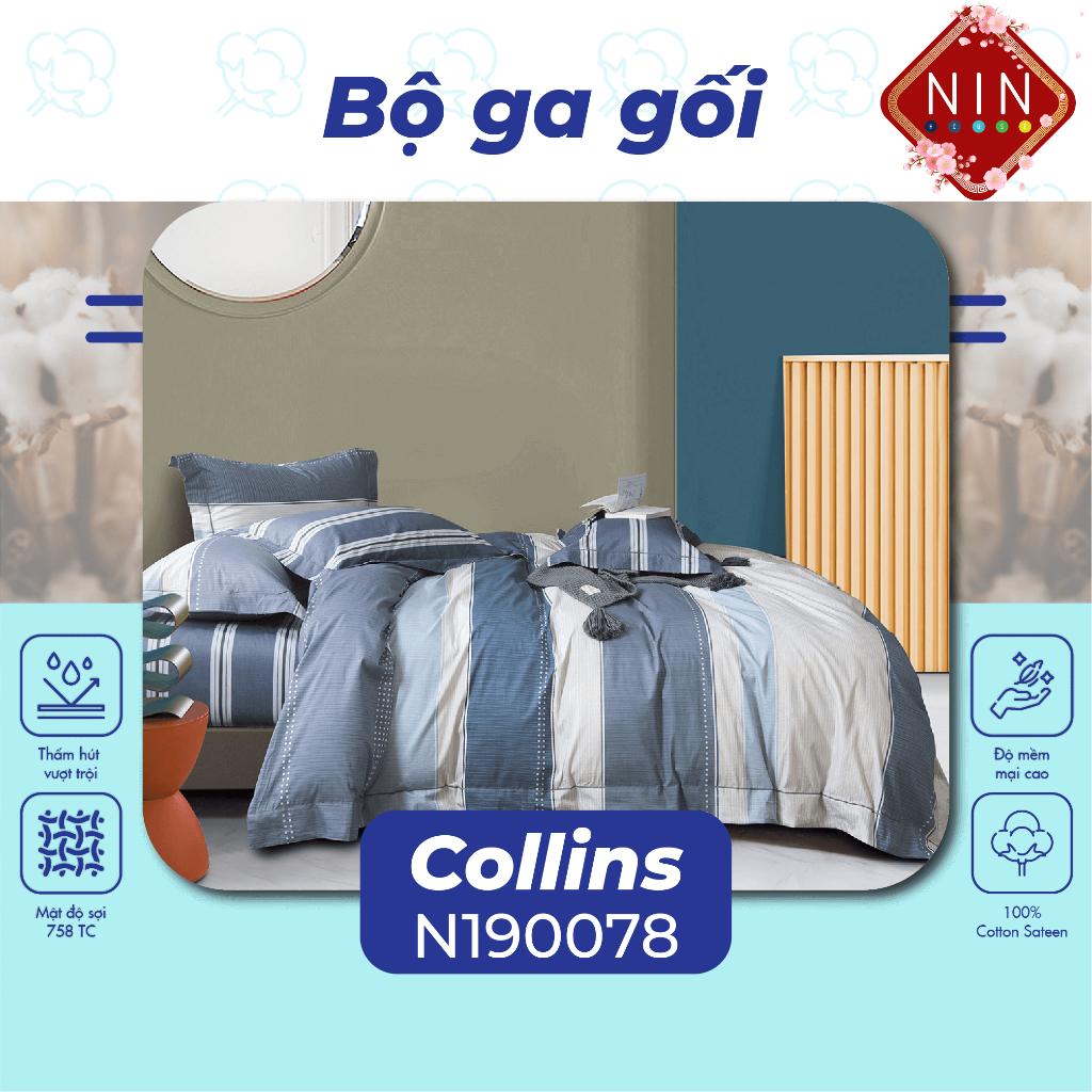 [BÔNG COTTON 100%] Bộ GA giường, áo gối NIN House Collins không kèm mền N190078 kích thước 1m2, 1m4, 1m6, 1m8, 2m