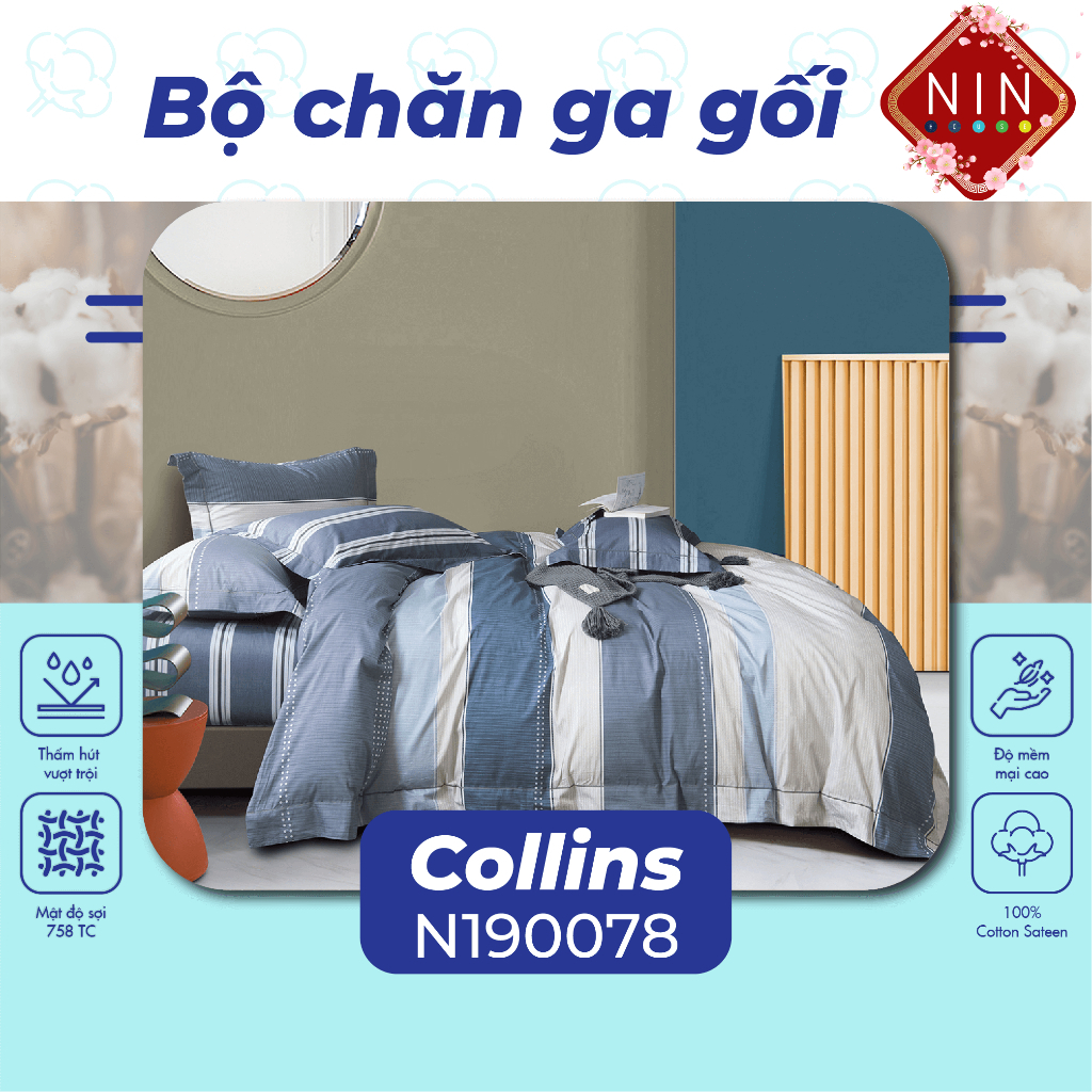 [COTTON 100%] Bộ 5 món NIN House Collins GA, áo gối kèm MỀN - N190078 nhiều kích thước 1m6, 1m8, 2m bo chun bọc nệm