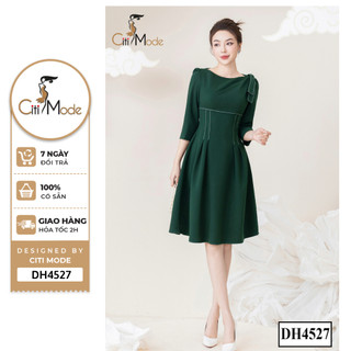 Đầm công sở CITI MODE FASHION thiết kế dáng xoè xanh cổ thuyền phối nơ vai DH4527