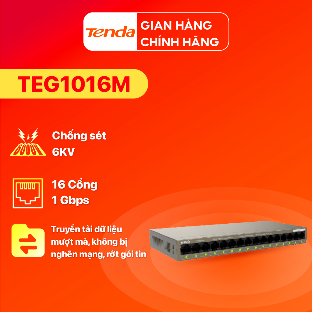 Bộ Chia Mạng Switch Để Bàn Tenda TEG1016M 16 Cổng Ethernet 1000Mbps - Hàng Chính Hãng