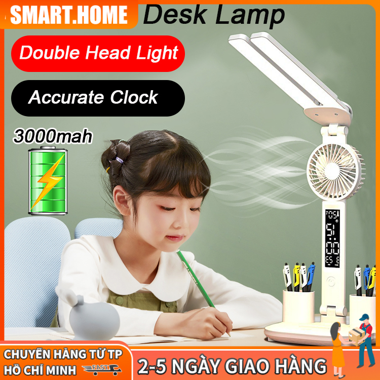 【🔥HCM/Rẻ】Đèn học tích điện-Đèn bàn LED sạc cho bàn học có chụp đèn có quạt cho bàn học Đèn bàn 2 đầu cho bàn học
