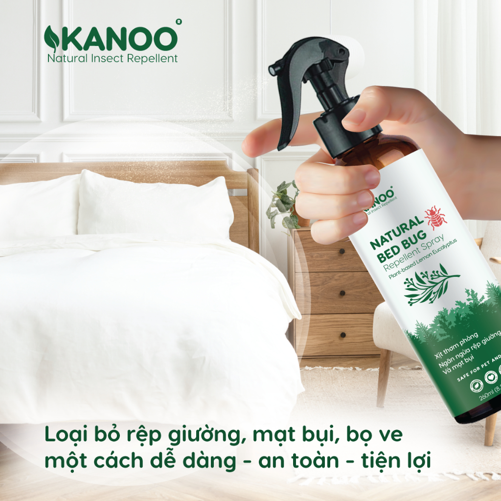Chai xịt ngăn rệp giường Natural Bed Bug Kanoo diệt ve bọ, mạt bụi thành phần từ thảo dược tự nhiên. Bình xịt thơm phòng