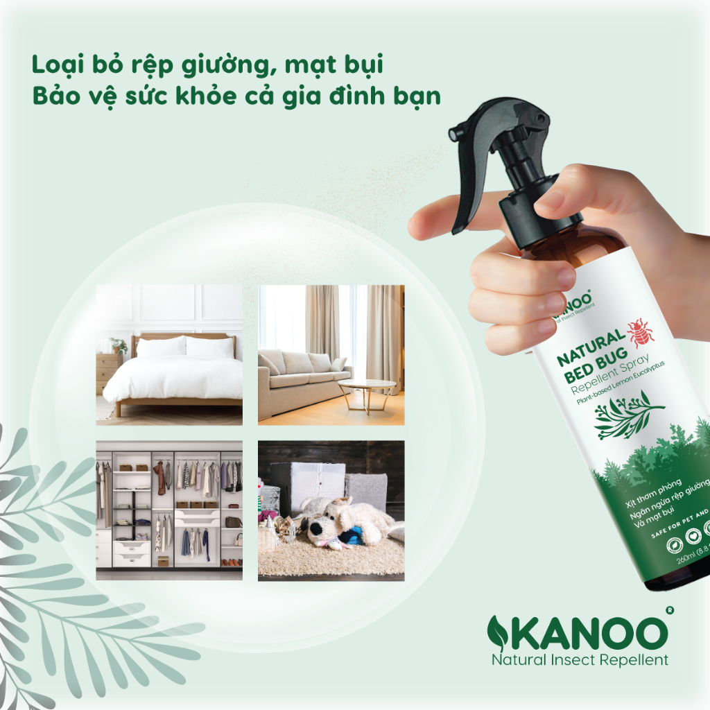 Chai xịt ngăn rệp giường Natural Bed Bug Kanoo diệt ve bọ, mạt bụi thành phần từ thảo dược tự nhiên. Bình xịt thơm phòng