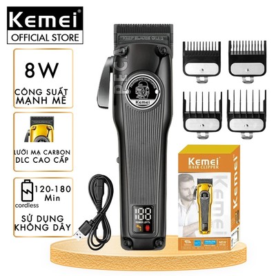 Tông đơ cắt tóc chuyên nghiệp Kemei KM-1825 lưỡi cắt mạ carbon DLC cao cấp có động cơ không chổi than màn hình LCD