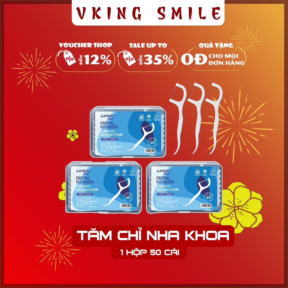 Tăm chỉ nha khoa VKINGSMILE hộp 50 cái, đã khử trùng nhỏ gọn tiện lợi sợi chỉ tơ mảnh không gây thưa răng