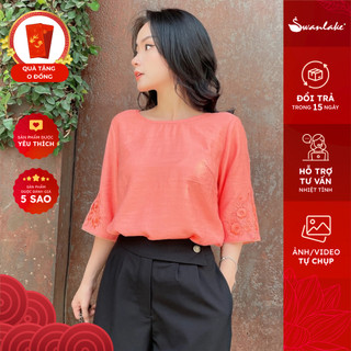 SWANLAKE | Áo Nữ Trung Niên Phối Ren Thêu Tiệp Màu Tay Xẻ Chất Tơ Mỹ Mềm Mại, Cao Cấp - MÃ: A10472LW01