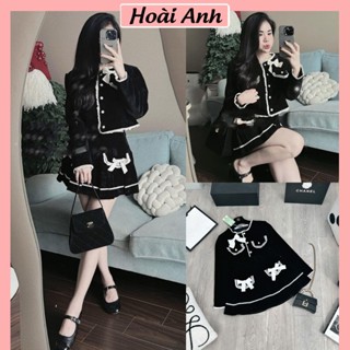 Set Bộ Đồ Nữ Nhung Cứng Viền Ren Nơ Áo Dài Tay Phối Viền Bèo Trắng Cúc Ngọc Nơ Cài Nổi Mix Chân Váy Xếp Ly Freesize