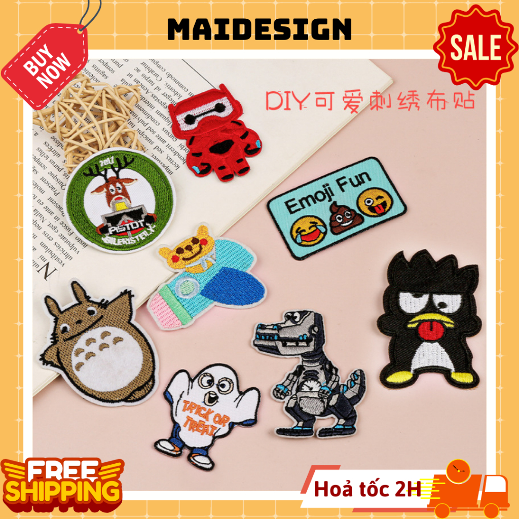 Patch ủi quần áo hình thêu vải dán balo túi Totoro Baymax Chim Cánh Cụt Badtz-Maru Emoji Fun Baymax 