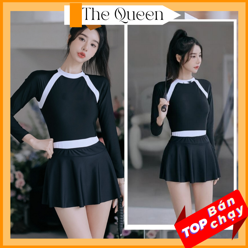 Bikini liền thân đồ bơi nữ một mảnh váy xòe áo dài tay đen chống nắng phối viền trắng kín đáo The Queen 087