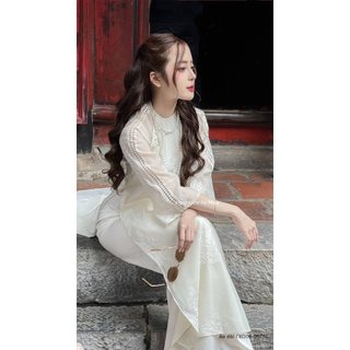 Set áo dài may.since2011 phối ren mềm đính ngọc phối quần lụa be tbd08-0075