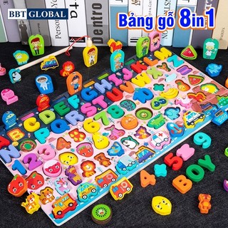 Đồ chơi gỗ Montessori, bảng lắp ghép 8in1có câu cá nam châm cho bé YZW-0346