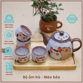Set ấm chén, bộ bình trà sứ, hoạ tiết Mèo thần tài Maneki Neko độc đáo rất thích hợp tặng biếu, tân gia, sinh nhật
