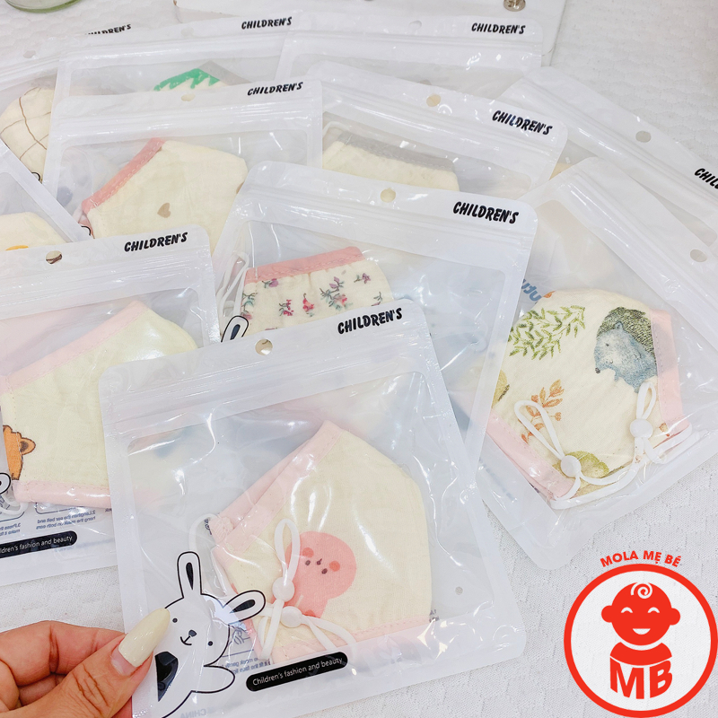 Khẩu trang xô MUSLIN cho bé 4 LOẠI dây đeo điều chỉnh họa tiết đáng yêu