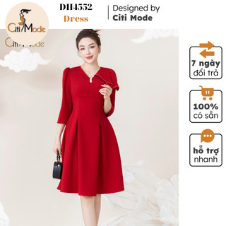 Đầm công sở CITI MODE FASHION thiết kế dáng xoè đỏ cổ V tay dài đính vạt vai DH4552