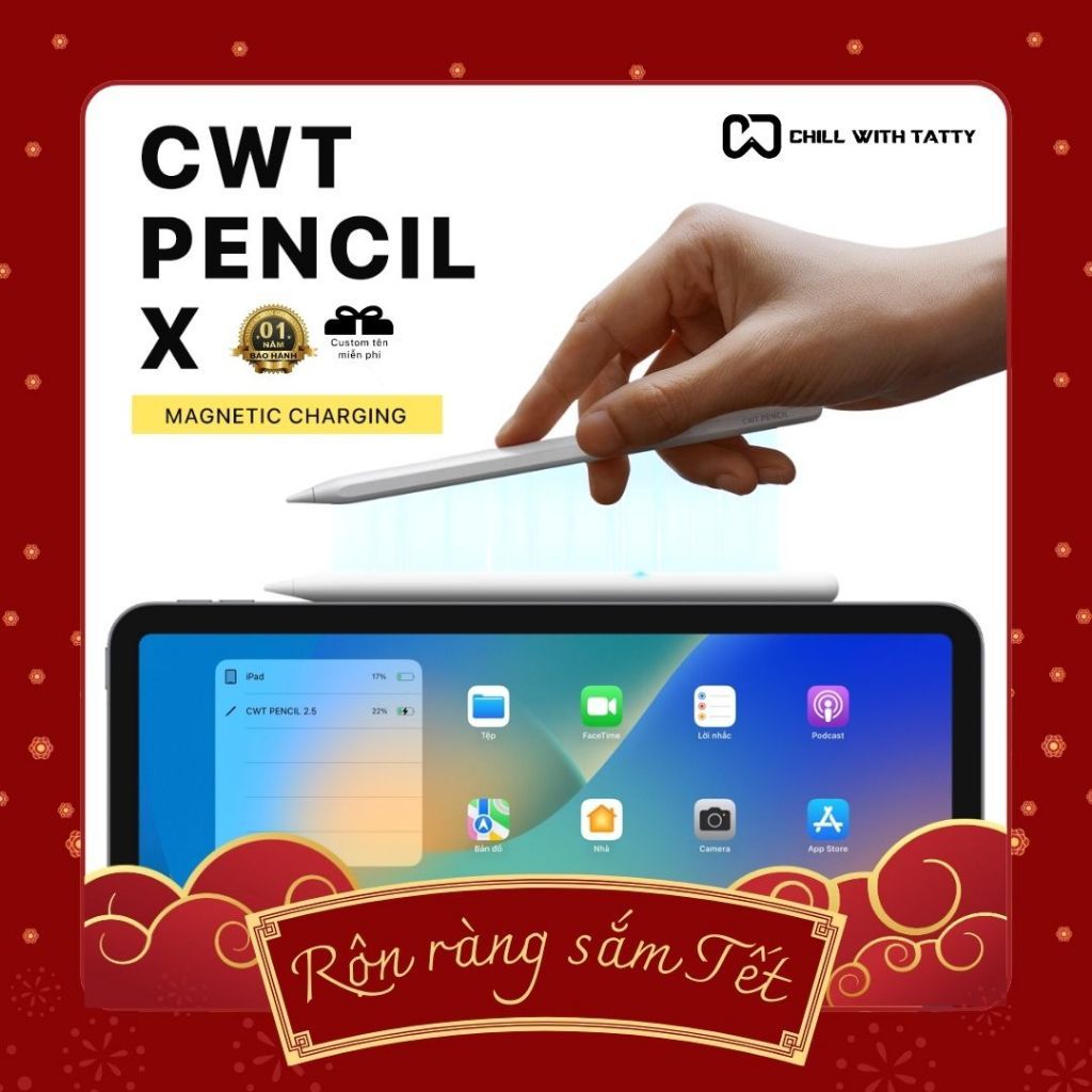 Bút cảm ứng CWT Pencil X, X PRO hỗ trợ sạc không dây, ngòi kim loại, custom tên theo yêu cầu