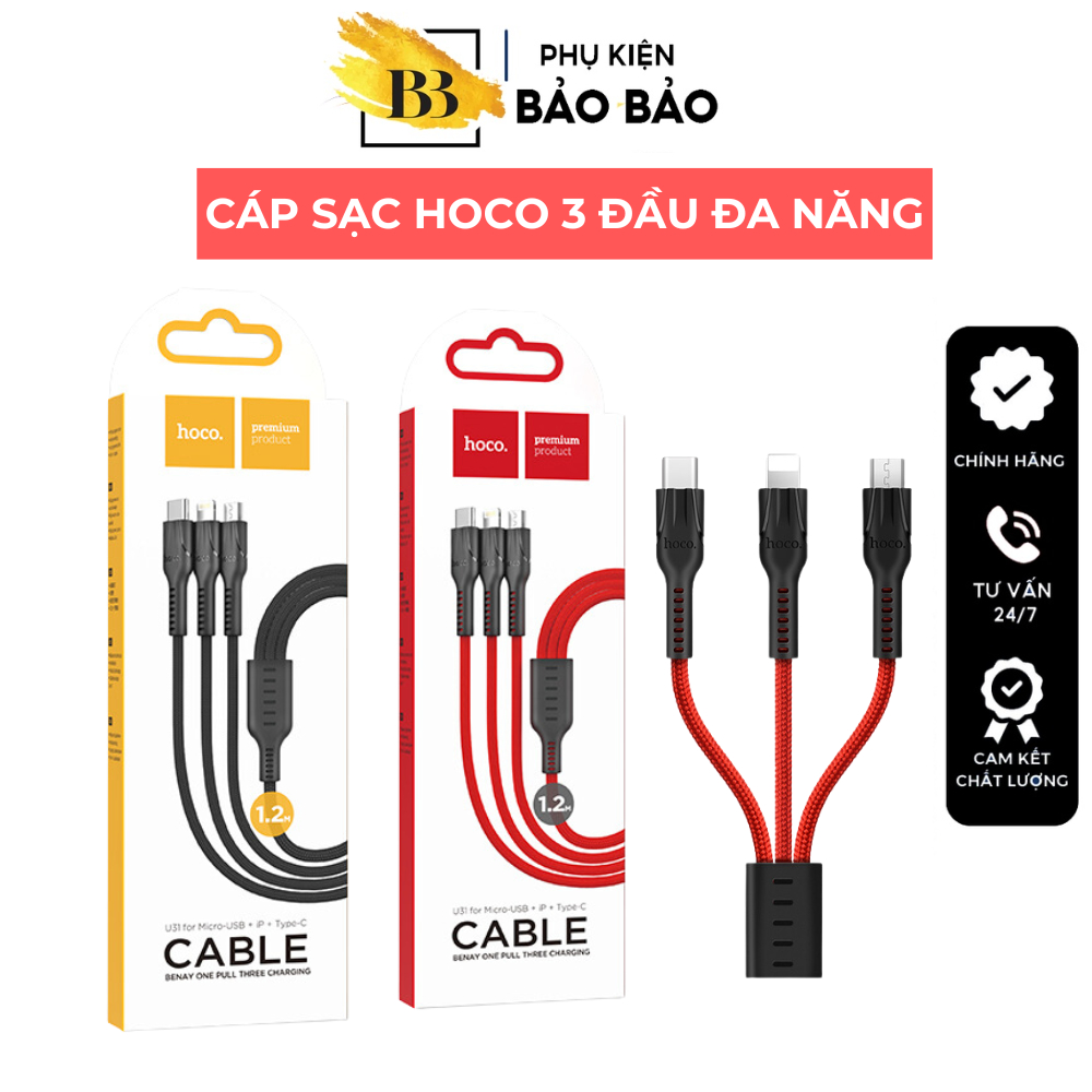 Cáp sạc 3 đầu đa năng dành cho ip, Micro usb, TypeC Hoco U31