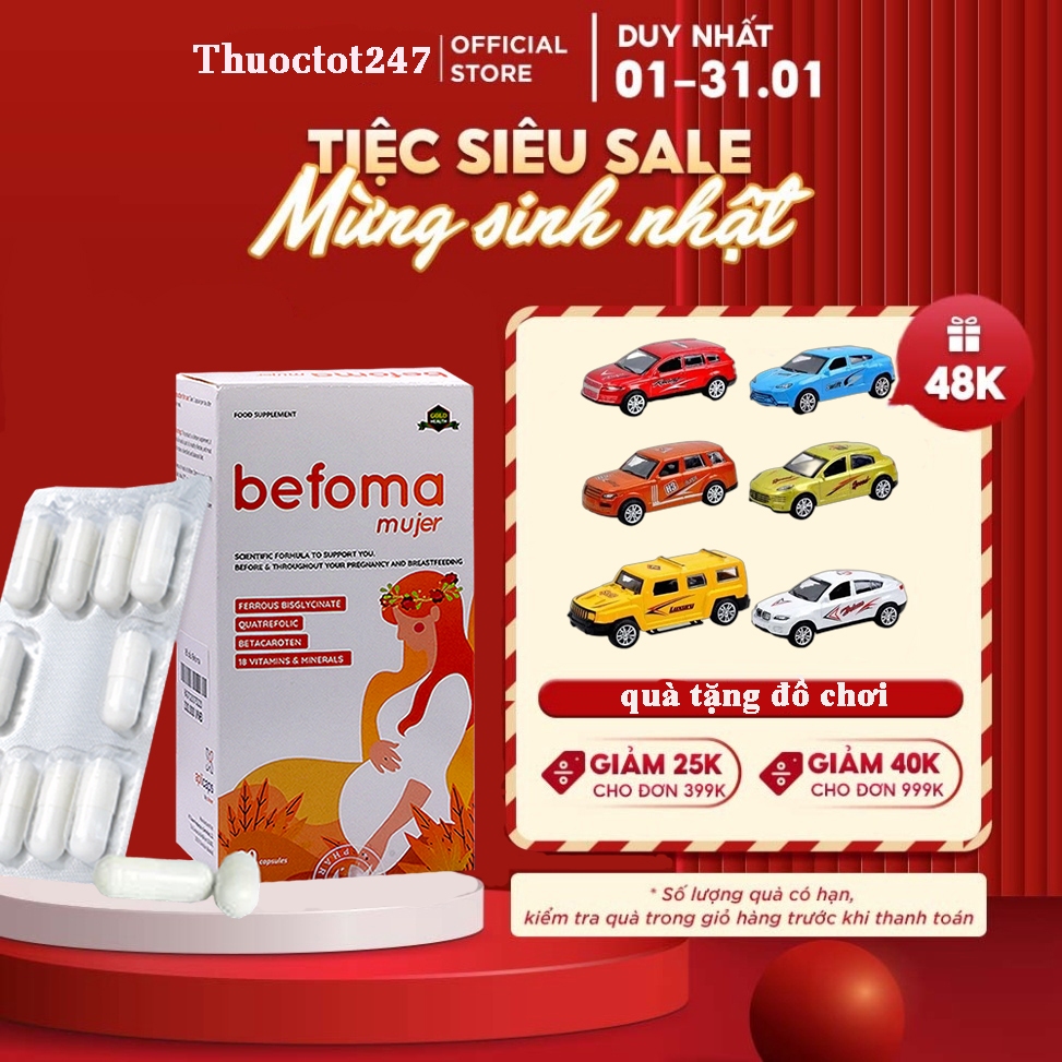 Sắt Befoma Hunmed - Bổ sung Sắt, acid folic và vitamin khoáng chất cho mẹ bầu hộp 30 viên
