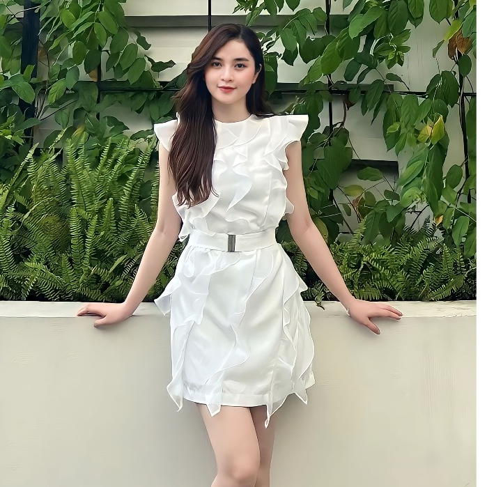 Đầm Nữ Trắng Đi Tiệc Dáng Suông Phối Bèo Thắt Đai Hàng Thiết Kế Phong Cách Sang Trọng