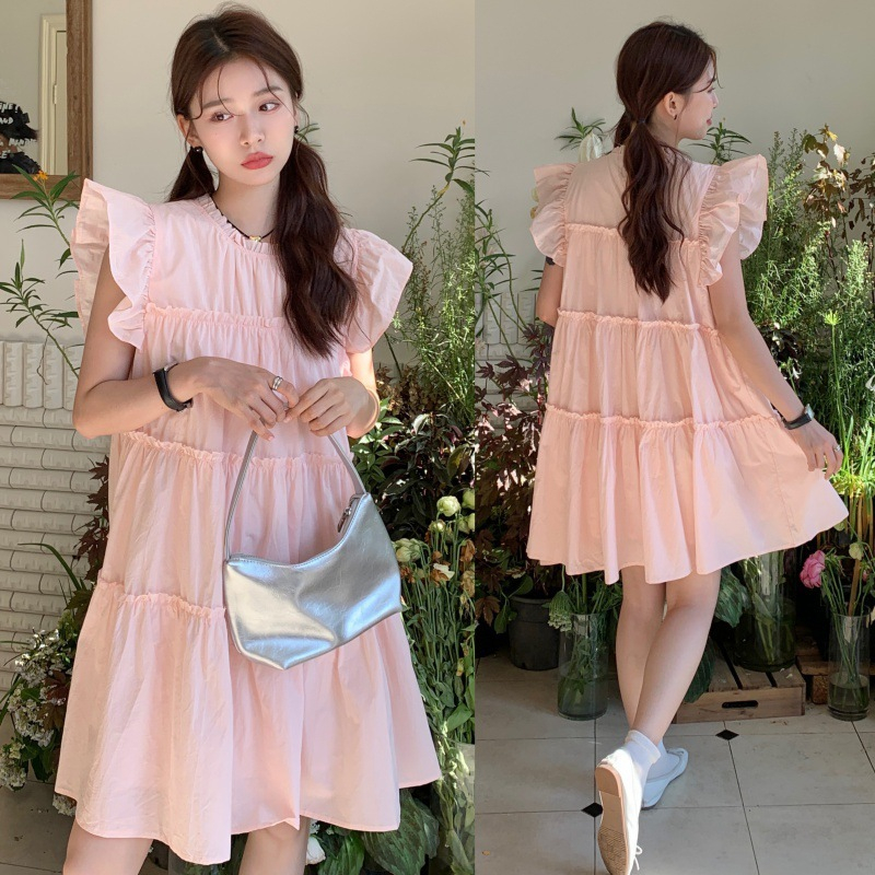 Đầm babydoll nữ dáng dài sát nách hở vai form xòe rộng màu be hồng điệu đà basic phong cách hè thu hàn quốc lady