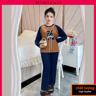 Bộ mặc nhà nữ dài thun gân, đồ bộ thun nữ thiêu con thỏ
