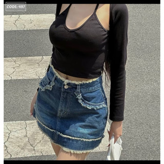 HM2T's jeans -Chân váy ngắn jeans có quần trong tua rua cá tính thời trang