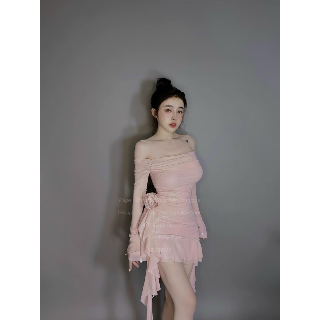 Váy body ôm nhúng trễ vai dài tay rua siêu xinh ll