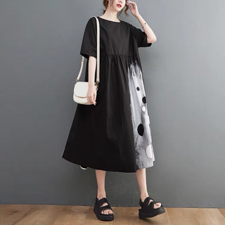 [PODICA][BIGSIZE] dưới 90kg Váy suông chữ A phối hoạ tiết loang trắng bên , váy bầu mặc được