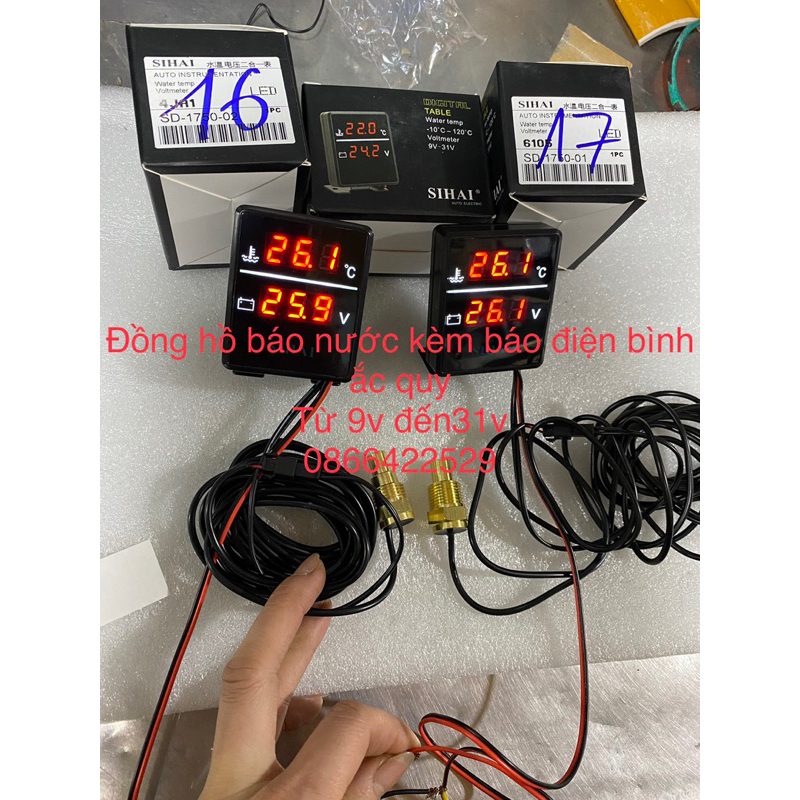 Đồng hồ báo nước + báo điện bình ắc quy 12v 24v Si hai các chân 16, 17 mm