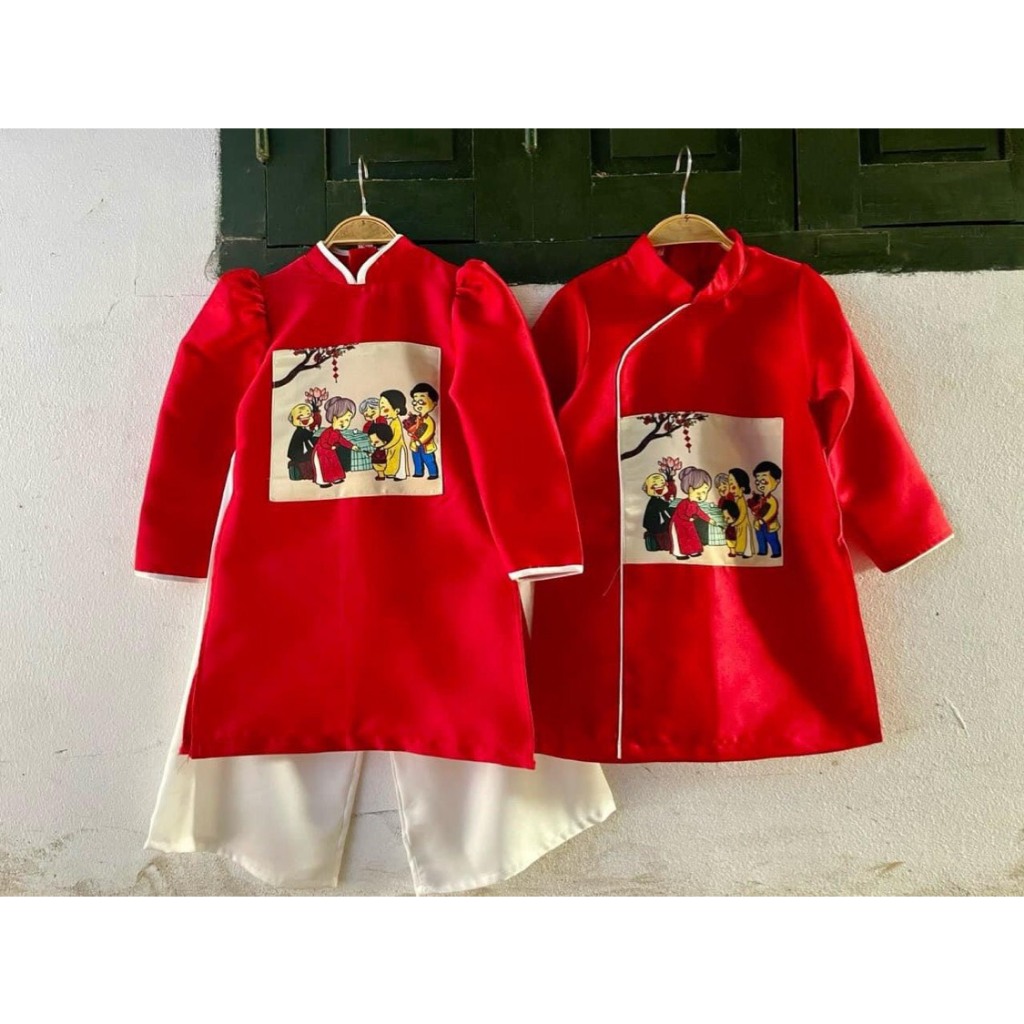 Áo dài cách tân nhung chéo phối đỏ trắng cho bé trai 8-28kg