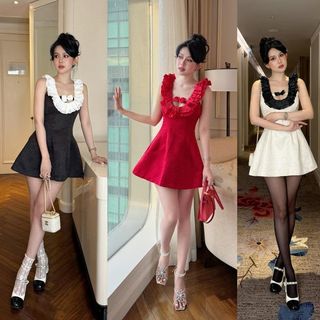 đầm xòe ngắn cổ bèo , chất vải tatta vân gỗ tiểu thư