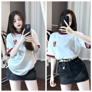 Áo phông unisex chữ N Y thêu nổi cổ bo viền đỏ
